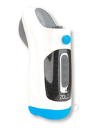 Zolo Blow Gun Rechargeable Silicone Masturbator White/Blue, with adjustable suction and built-in audio features.