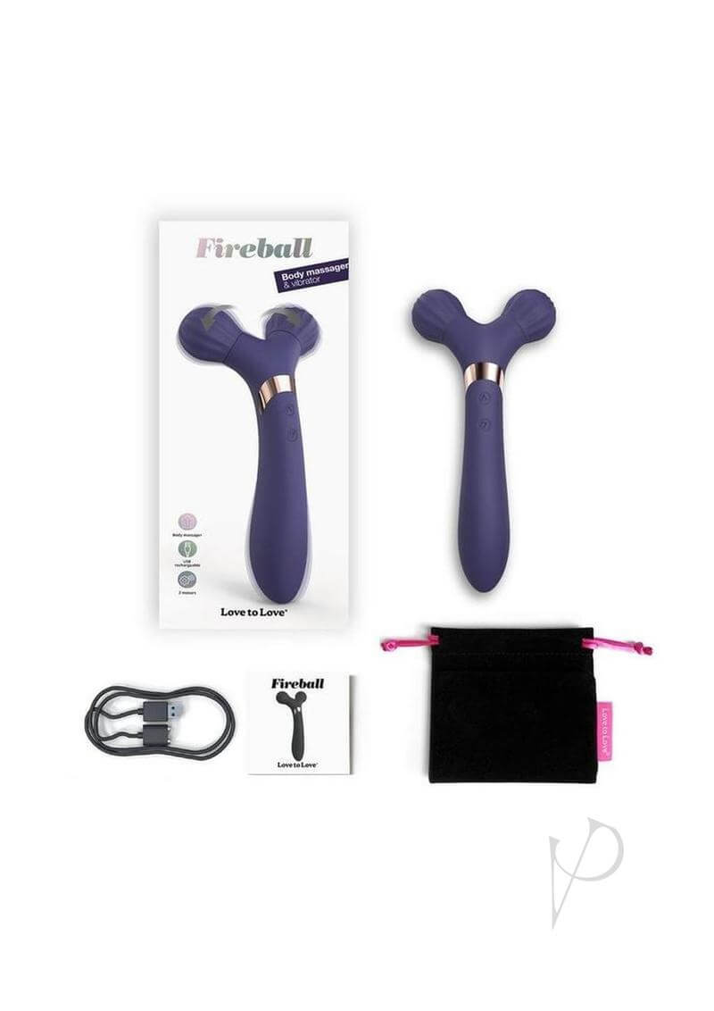 Fireball Rechargeable Silicone Vibrator Midnight Indigo with packaging and accessories on display.