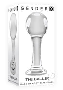Gender X The Baller Glass Anal Plug Clear displayed in packaging, showcasing its smooth, body-safe glass design.
