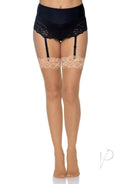 Leg Avenue Nylon Sheer Thigh High with Lace Top Nude displayed on model, showcasing elegant lace and sheer design.