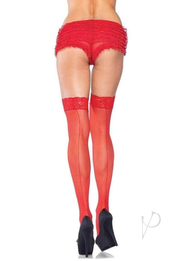 Leg Avenue sheer red thigh-high stockings with backseam and lace top worn with red lace shorts and high heels.