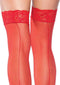 Leg Avenue sheer thigh-high stockings in red with lace top and backseam detail, perfect for lingerie sets.