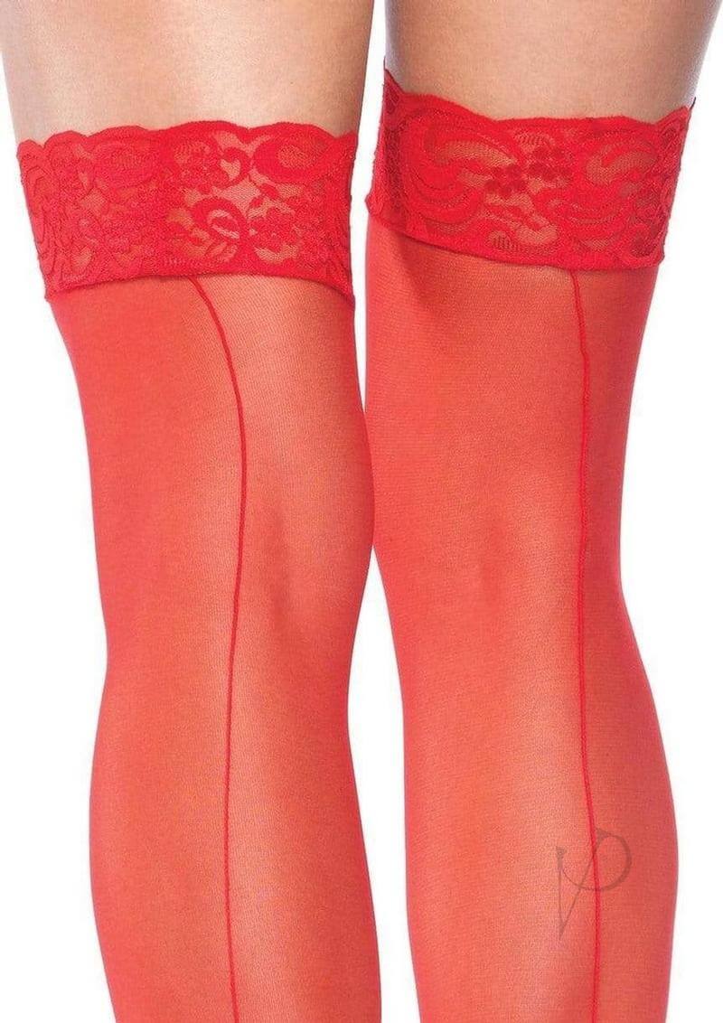 Leg Avenue sheer thigh-high stockings in red with lace top and backseam detail, perfect for lingerie sets.
