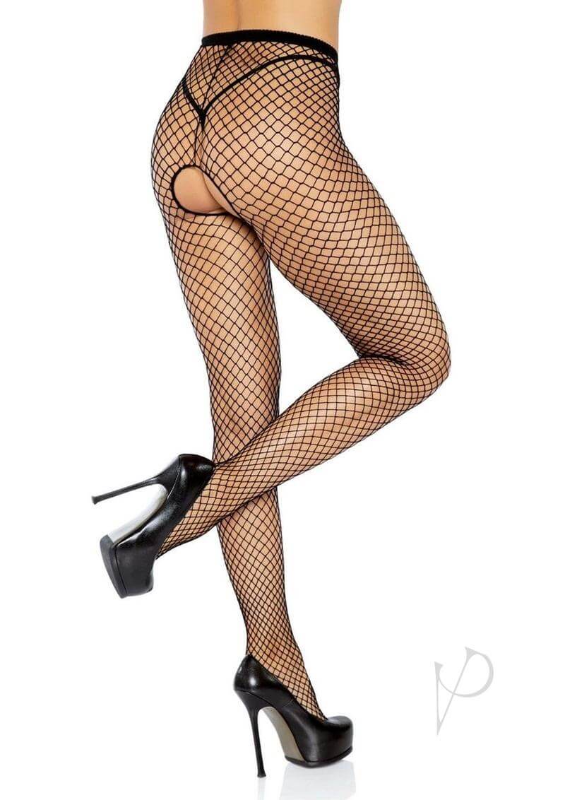 Sexy black fishnet suspender hose featuring an industrial design, perfect for layering or bold solo looks.