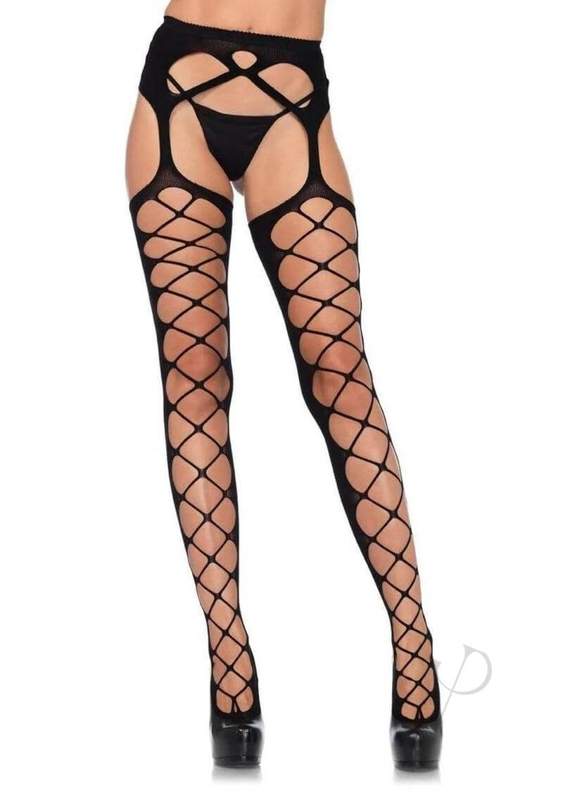 Leg Avenue Diamond Net Opaque Stockings and Garterbelt in black, featuring a seductive crisscross design.