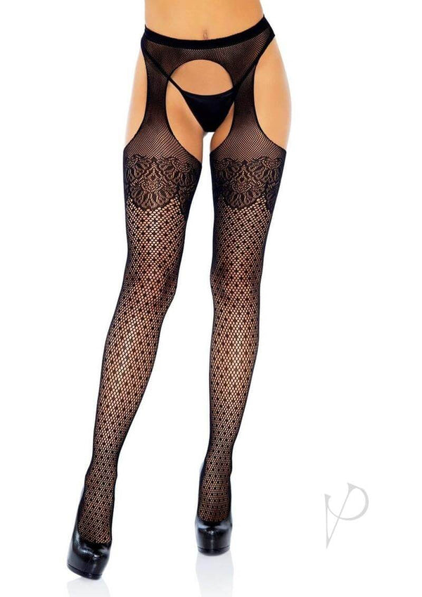 Leg Avenue Polka Dot Fishnet Suspender Hose with Lace Top Black featuring a lace top and Cuban heel detail.