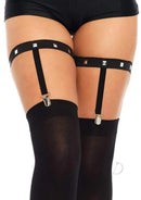 Leg Avenue Studded Elastic Garter Suspender One Size Black displayed on model's legs with stylish studded detail.