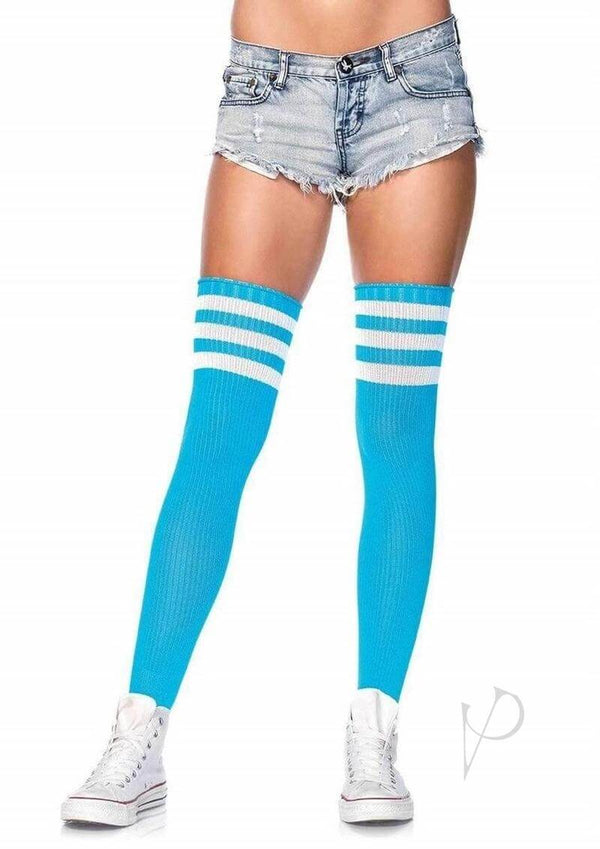 Leg Avenue Athlete Thigh Hi Blue stockings with white stripes, perfect for stylish lingerie and confident looks.