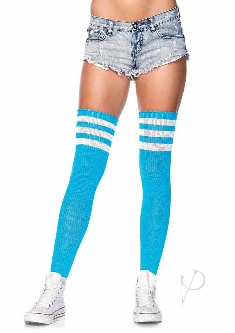 Leg Avenue Athlete Thigh Hi Blue stockings with white stripes, perfect for stylish lingerie and confident looks.