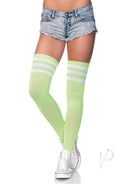 Leg Avenue Athlete Thigh Hi with 3 stripe top in vibrant green, styled with denim shorts and white sneakers.