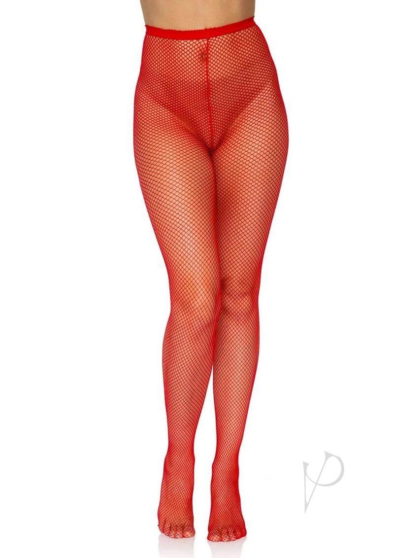 Leg Avenue Nylon Fishnet Pantyhose OS Red displayed on a model, offering a sexy and versatile addition to any outfit.