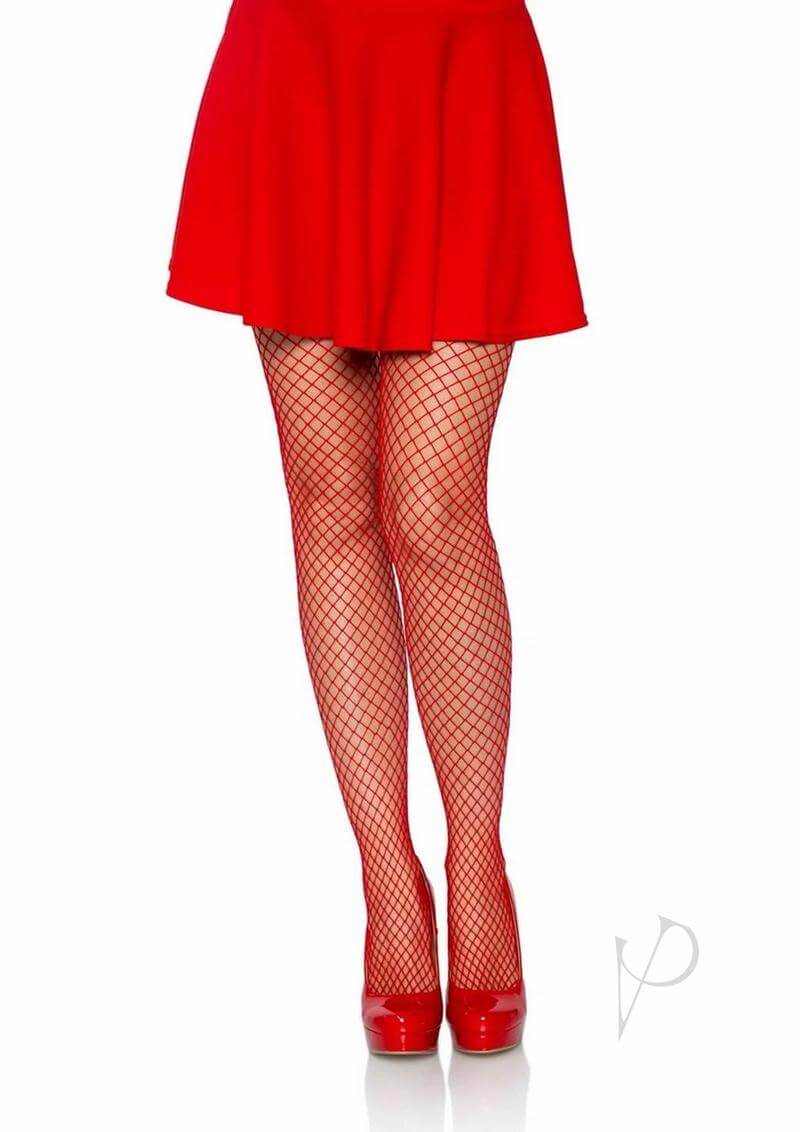 Leg Avenue red spandex industrial net tights worn with a flared red skirt and high heels, perfect for stylish lingerie.