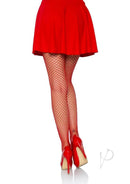 Red spandex industrial net tights from Leg Avenue, styled with a red skirt and high heels for a bold lingerie look.