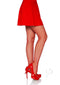 Model showcasing Leg Avenue Spandex Industrial Net Tights in red, paired with a red skirt and high heels for a stylish look.