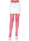 Model wearing neon pink fishnet tights with a white mini skirt and heels, showcasing a bold and edgy fashion look.