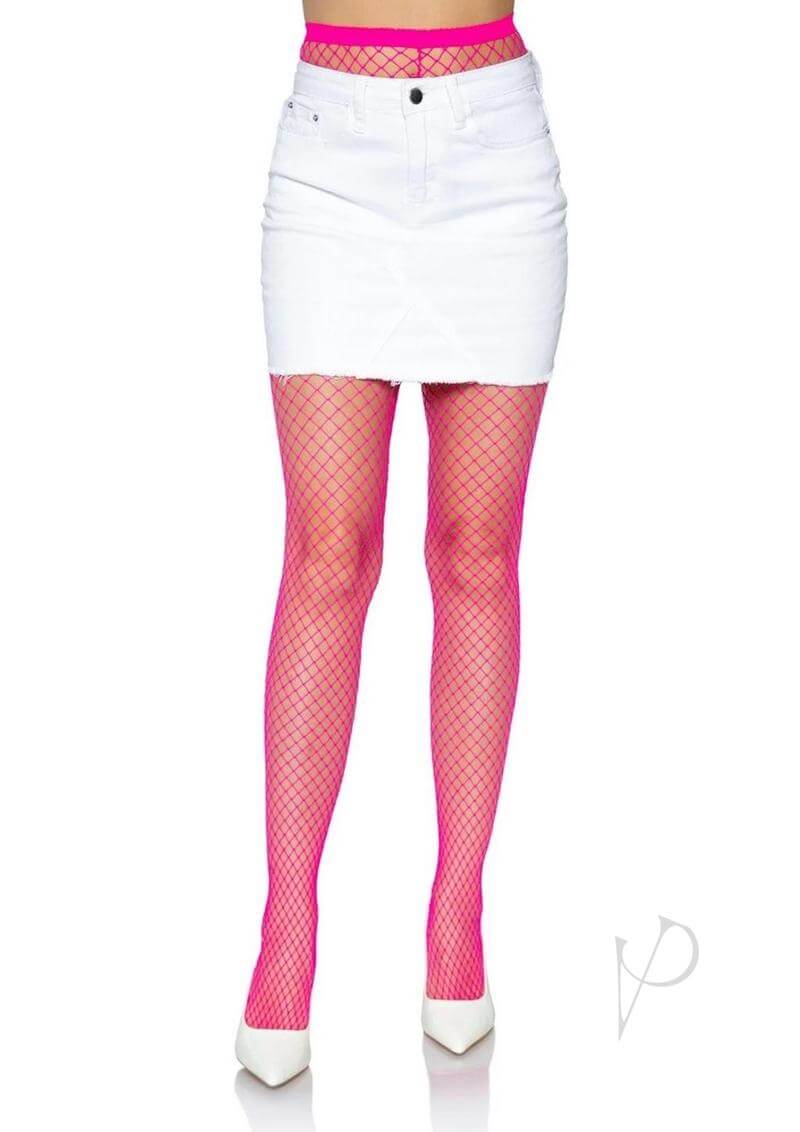Model wearing neon pink fishnet tights with a white mini skirt and heels, showcasing a bold and edgy fashion look.