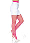 Model showcasing neon pink fishnet tights paired with a white skirt and heels for a bold fashion statement.