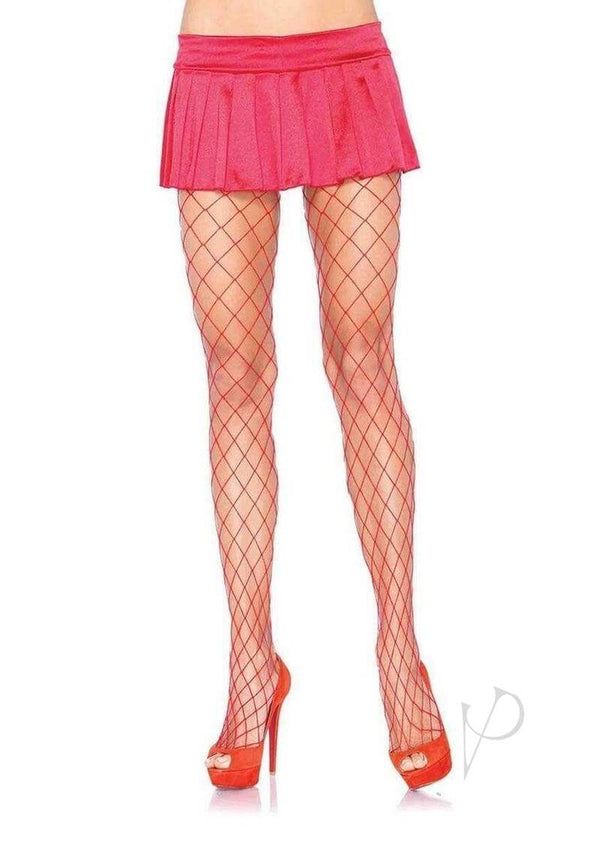 Leg Avenue Spandex Diamond Panty Hose in red worn with a pink skirt and high heels, enhancing curves and confidence.