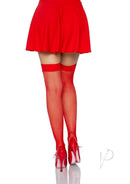 Leg Avenue Nylon Fishnet Stocking One Size Red worn with a red skirt and heels, showcasing a bold fashion statement.