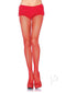 Leg Avenue Spandex Fishnet Pantyhose in vibrant red, paired with stylish ruffled shorts and heels for a seductive look.