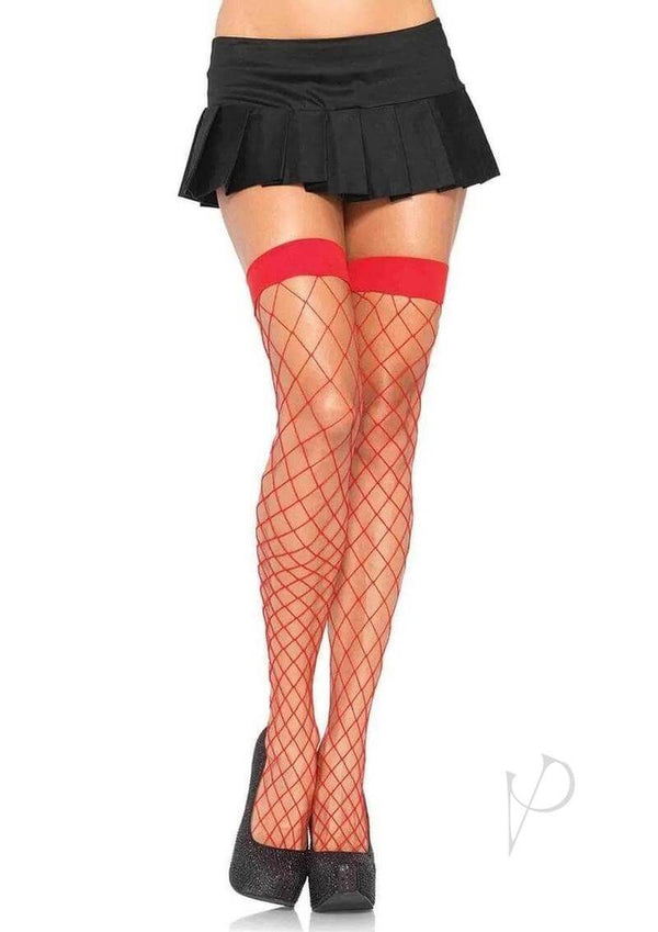 Leg Avenue Ida Net Thigh High Stockings in red, featuring a bold fishnet design and a playful black skirt.