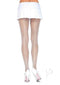 Leg Avenue Fishnet Pantyhose with Back Seam in White, paired with a white skirt and high heels, perfect for stylish occasions.