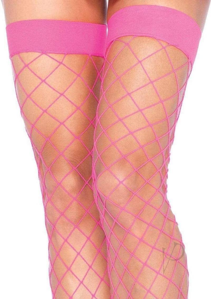 Pink fishnet thigh-high stockings with boxy "fence" net design, perfect for stylish lingerie and date-night outfits.