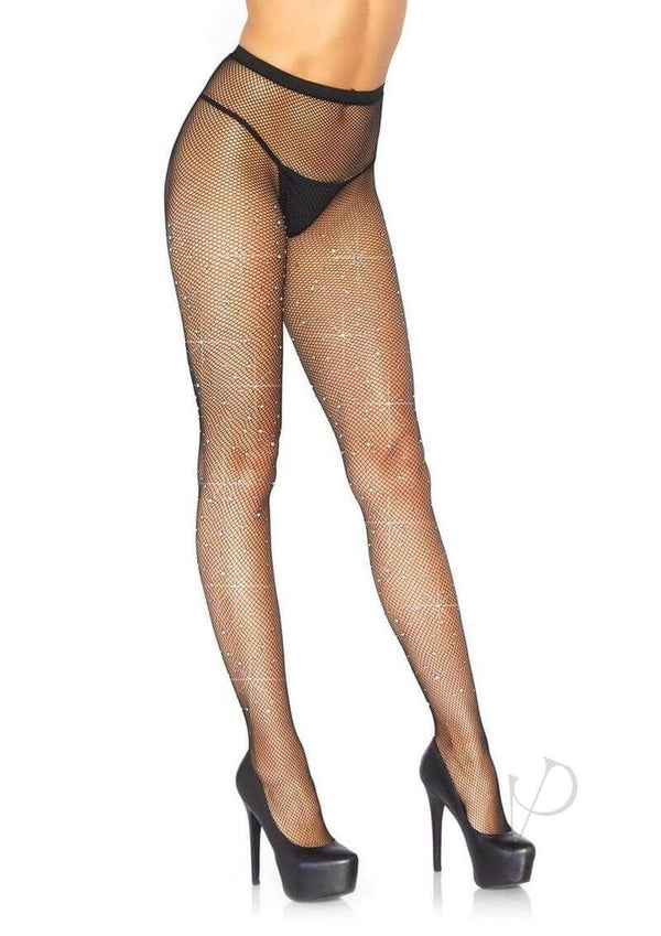 Leg Avenue Fishnet Crystalized Tights with Rhinestones in Black, perfect for a stylish intimate wardrobe.