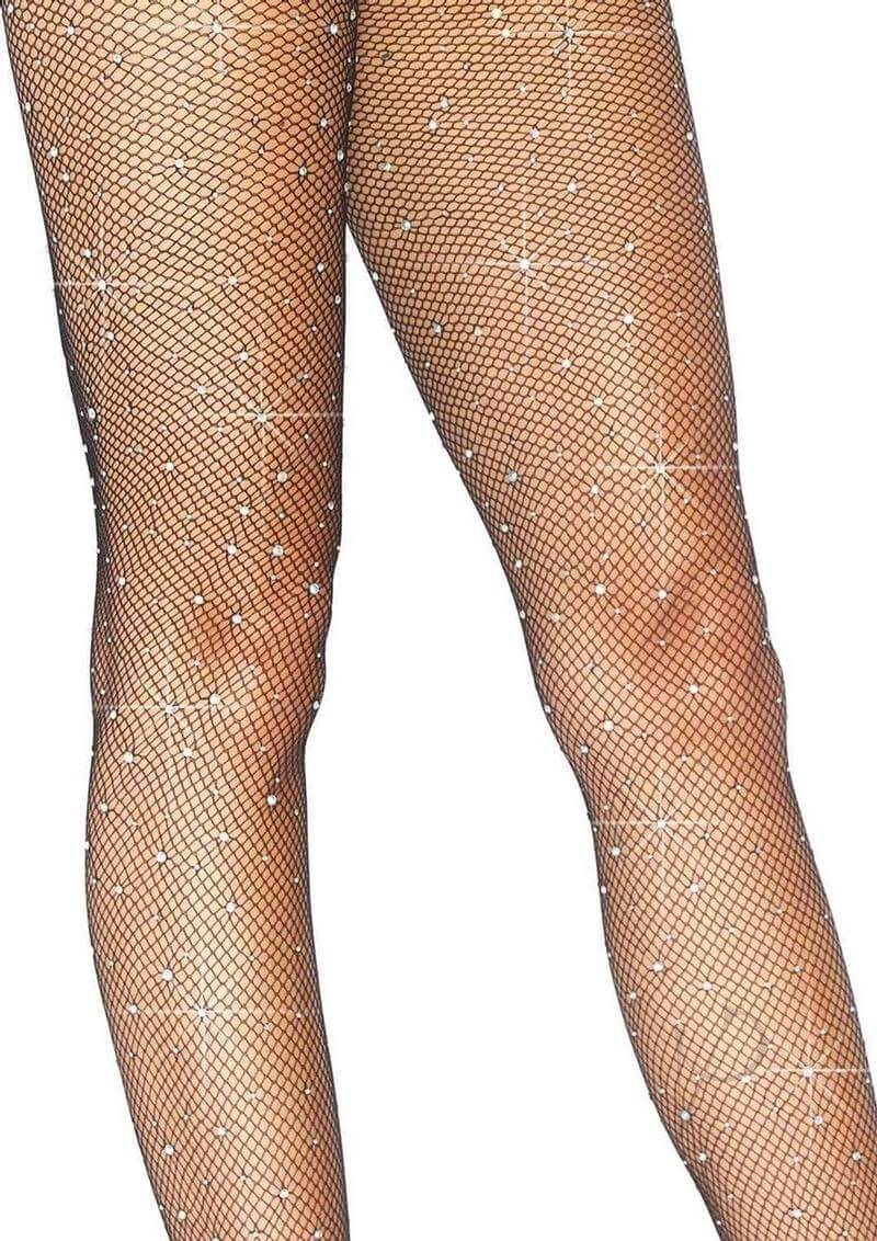 Leg Avenue black fishnet tights adorned with rhinestones, perfect for stylish and sexy lingerie looks.