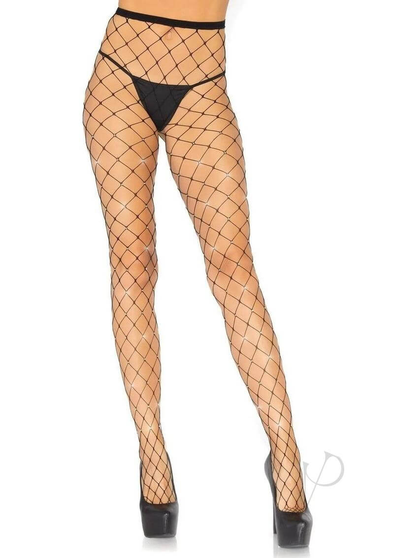 Leg Avenue Indescent Rhinestone Fence Net Tights in black, showcasing sparkly fishnet design and elegant silhouette.