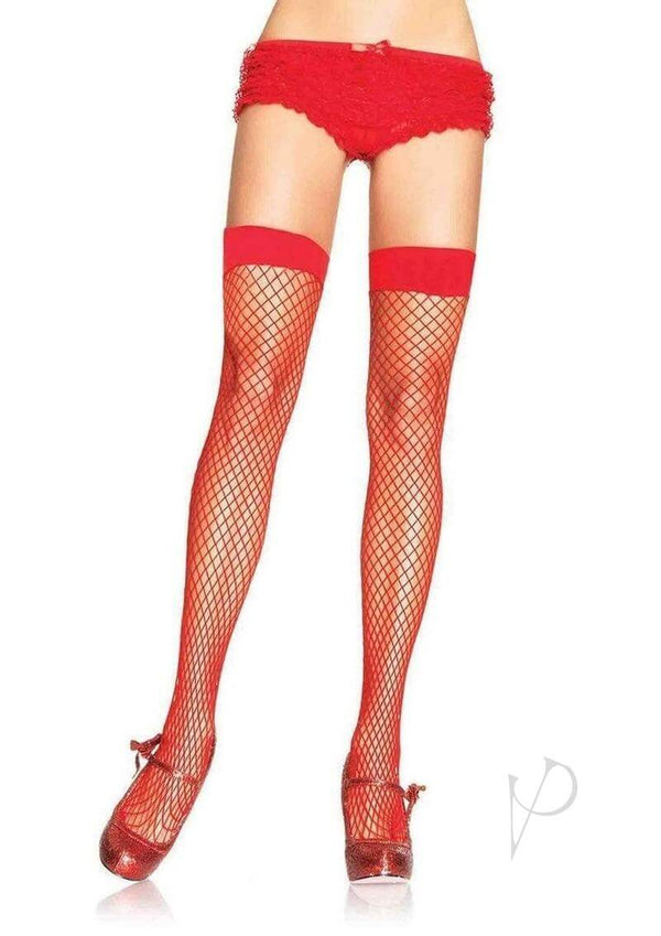 Leg Avenue Lycra Industrial Fishnet Thigh High OS Red worn with a red garter and shorts, showcasing a bold and sexy look.