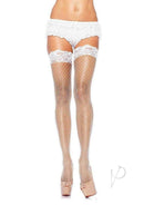 Leg Avenue Industrial Net Lace Top Thigh Highs White showcasing bold netting and lace trim for a stylish look.