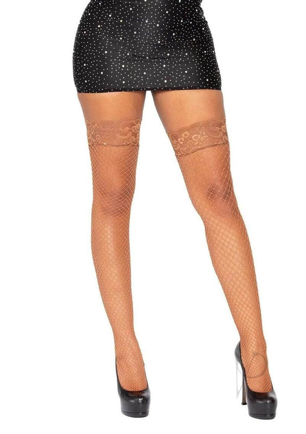 Leg Avenue Spandex Industrial Net Thigh Highs OS Cinnamon worn with a sparkling skirt, showcasing a sultry and elegant look.