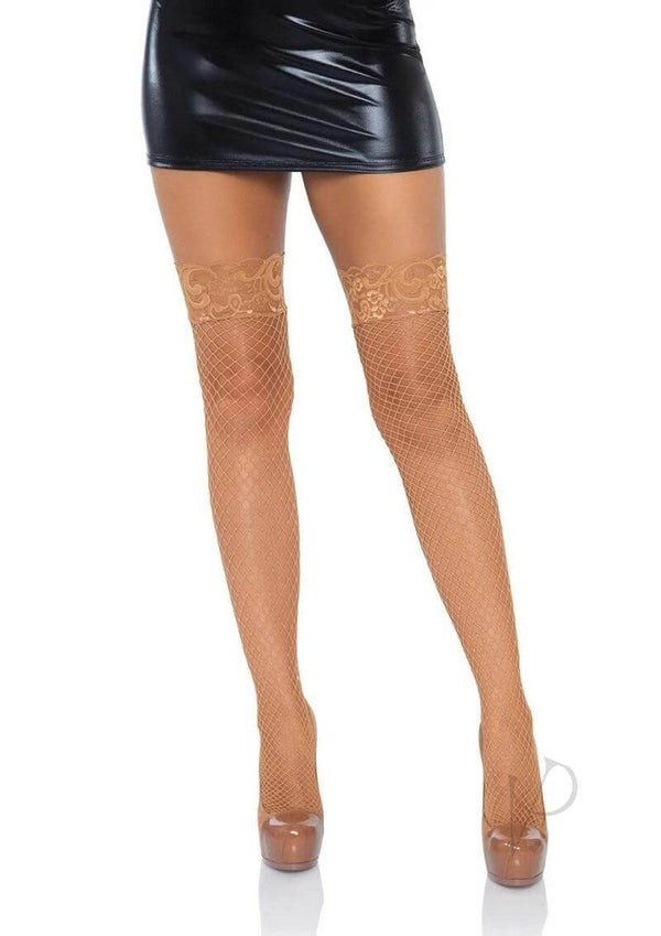 Leg Avenue Spandex Industrial Net Thigh Highs in Caramel color, enhancing curves and confidence, paired with a black mini skirt.