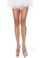 White fishnet tights with boxy "fence" design, paired with heels and a white ruffled skirt.