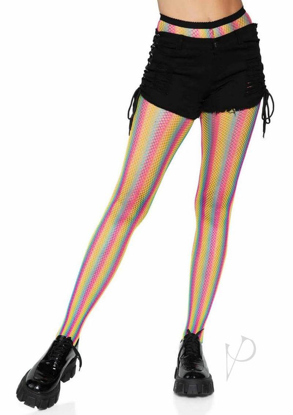 Leg Avenue Neon Rainbow Striped Fishnet Pantyhose paired with black shorts, showcasing a vibrant, colorful design.