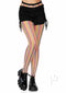 Neon rainbow striped fishnet pantyhose paired with black shorts and chunky shoes, showcasing a vibrant summer look.