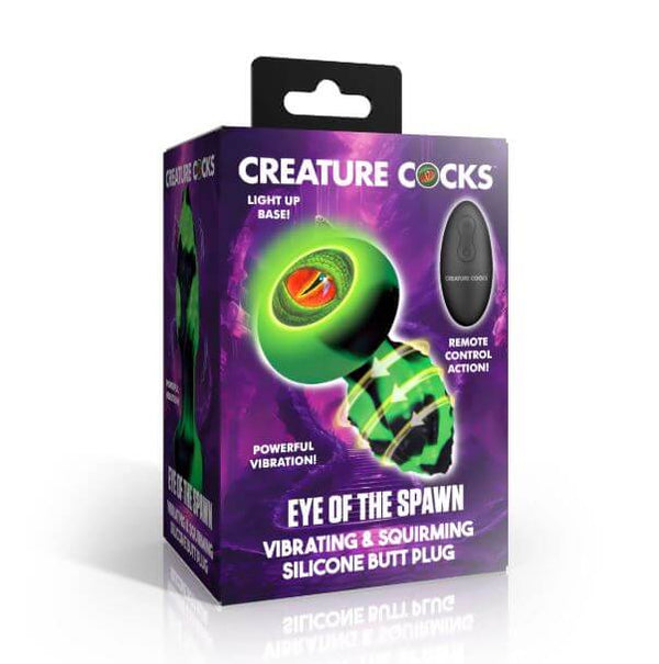 Creature Cocks Eye of the Spawn Vibrating and Squirming Butt Plug packaging displaying its features and vibrant design.