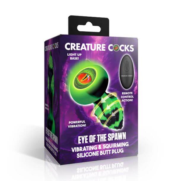 Creature Cocks Eye of the Spawn Vibrating and Squirming Butt Plug packaging displaying its features and vibrant design.