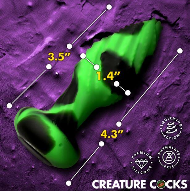 Creature Cocks Eye of the Spawn Vibrating and Squirming Butt Plug dimensions with 3.5" height and 1.4" width.