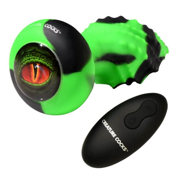 Creature Cocks Eye of the Spawn Vibrating and Squirming Butt Plug with remote control, featuring striking green and black design.
