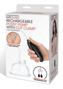 Lux Fetish Rechargeable Pussy Pump with Clit Clamp Black packaging featuring suction modes and clit clip for enhanced play.