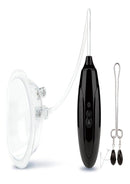 Lux Fetish Rechargeable Pussy Pump with Clit Clamp Black - suction device with remote and clit clamp.