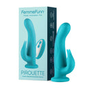 FemmeFunn Pirouette 8 inch Rotating Vibrating Dildo Turquoise with box, showcasing its unique design and features.