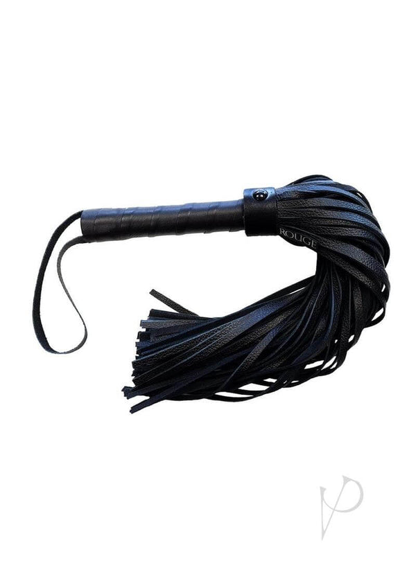 Rouge Long Leather Flogger Black, designed for impact play, showcasing long leather tails for varied sensations.