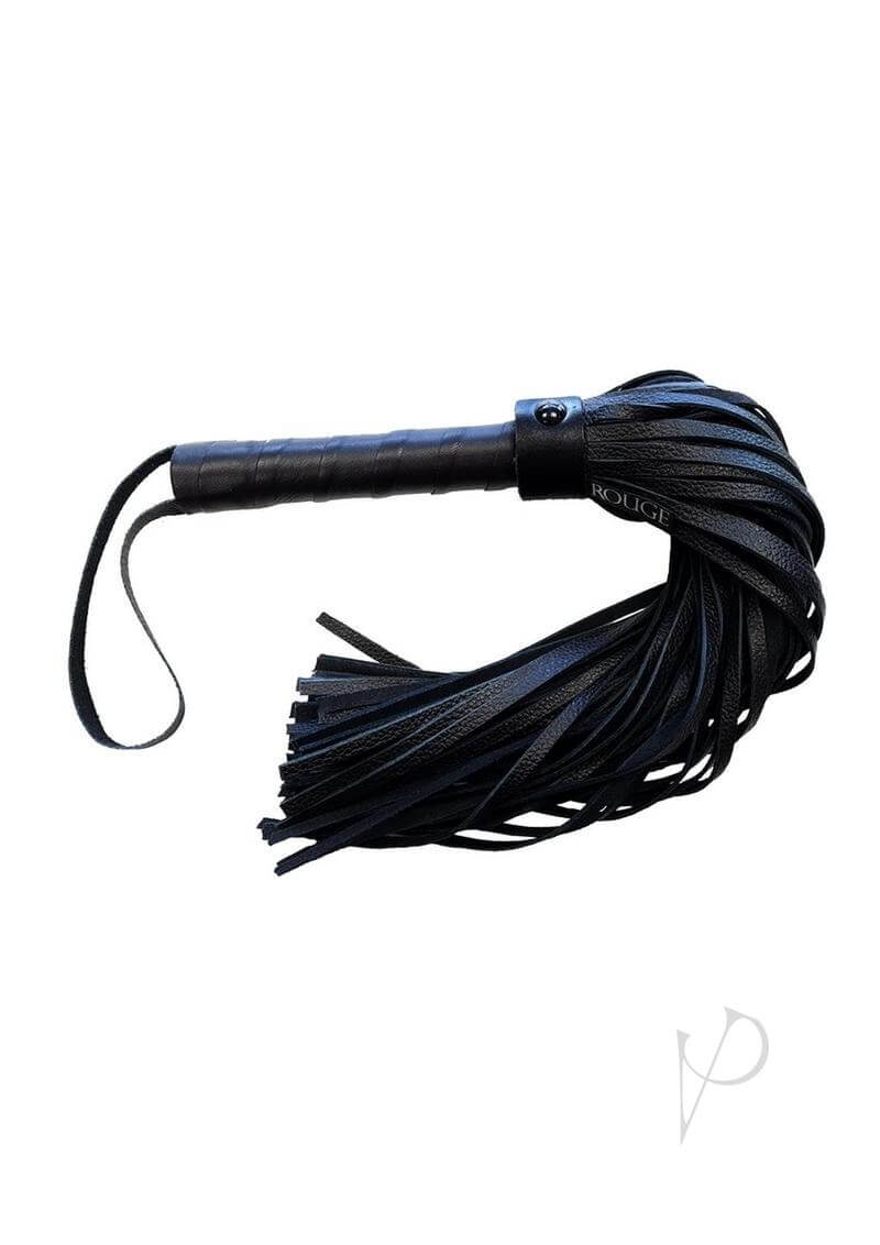 Rouge Long Leather Flogger Black, designed for impact play, showcasing long leather tails for varied sensations.