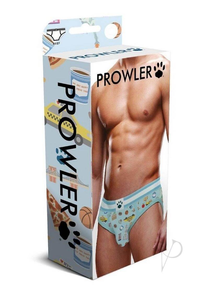 Prowler NYC Brief Blue White Extra Small packaging featuring a model wearing stylish underwear design.