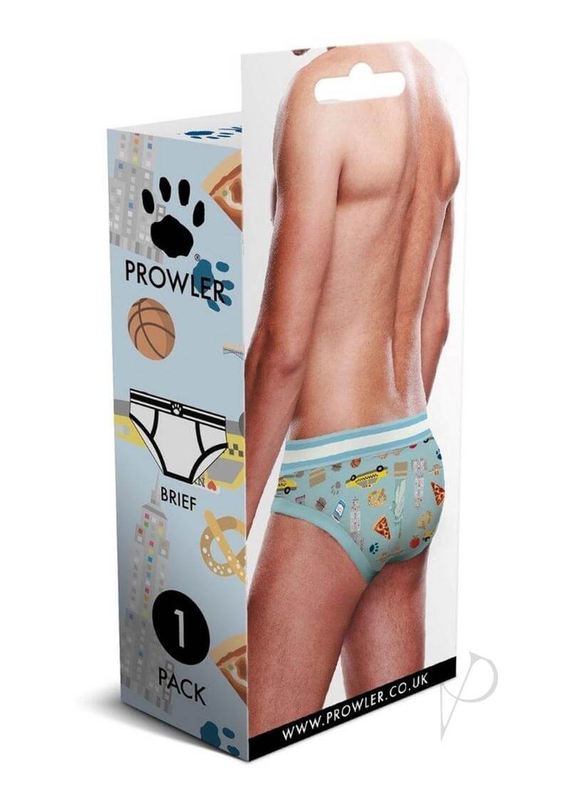 Prowler NYC Brief Blue White Extra Small packaging showcasing stylish print and Prowler logo on waistband.