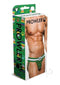 Prowler Christmas Tree Jock Extra Small Green Rainbow packaging featuring stylish men's jock strap with paw logo.