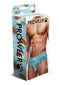 Prowler Christmas Pudding Brief Small Blue White packaging featuring festive design and model wearing men's underwear